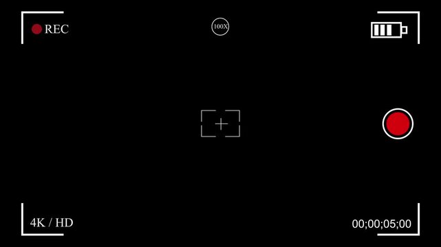 Camera recording screen overlay with alpha channel, video filming display with multiple settings, shooting cam display, slur viewfinder with battery discharge animation, black background.