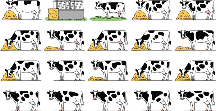 Dairy Cow Livestock Farm Vector Icon Set Featuring Holstein Cattle Diagonal Bar Feeding Barriers Silage Troughs and Pasture Grazing Elements