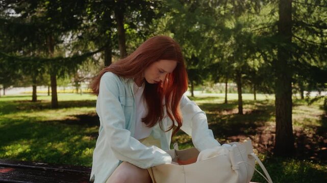 Young woman with long red hair sitting on bench in sunlit park, frantically searching for something in bag, expressing growing concern and anxiety with every passing moment. Shooting in slow motion.