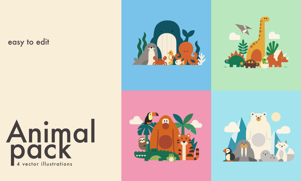Cute Animal Pack &ndash; Ocean, Dinosaur, Jungle and Arctic Wildlife Vector Illustrations