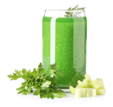 Fresh celery juice in glass and ingredients isolated on white