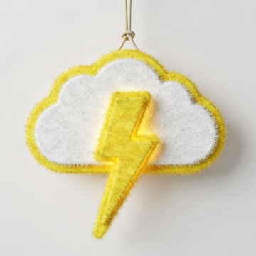 Hanging 3D felt cloud ornament with a yellow lightning bolt icon