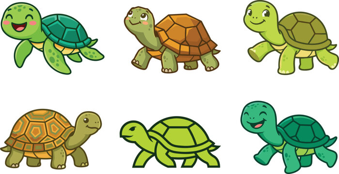 Cute cartoon turtles and tortoises set showing different friendly characters walking crawling and smiling isolated on a transparent background for children design