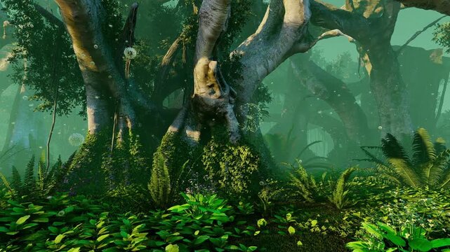Panorama of a tropical swamp in the fog.  Illustration on the theme of plants and climate.	
