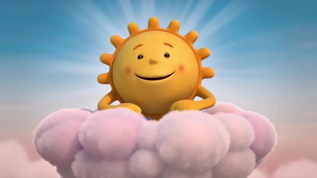 Cute animated sun character smiling on a pink cloud