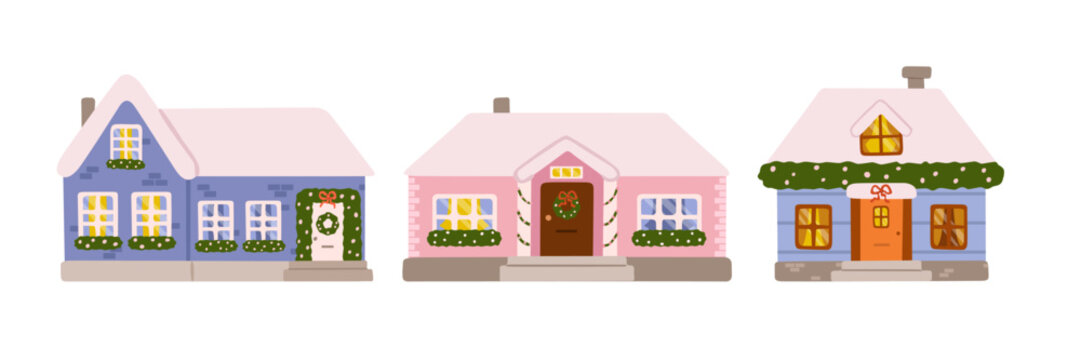 Christmas cottage collection. Cozy set of Xmas houses, home building with decorated wreath, greenery and holiday details, isolated on a white background. Flat vector illustration, hand drawn.