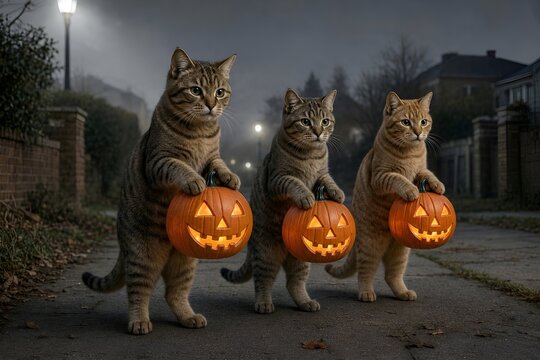Tabby Cats Walking on Their Hind Legs Down a Street Paved Walkway Paws Out Like Zombies Holding Paw Carrying Blow Mold Carved Jack o Lanterns Trick or Treating on Halloween Dark Gray Foggy Background
