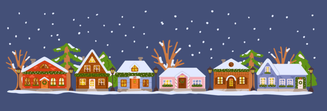 Christmas cottages banner. Cozy Xmas village houses, home building with snowy roof, decorated wreath. Festive holiday design, isolated on a white background. Flat vector illustration, hand drawn.
