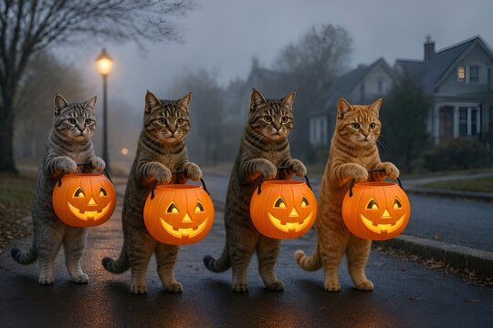 Tabby Cats Walking on Their Hind Legs Down a Street Paved Walkway Paws Out Like Zombies Holding Paw Carrying Blow Mold Carved Jack o Lanterns Trick or Treating on Halloween Dark Gray Foggy Background