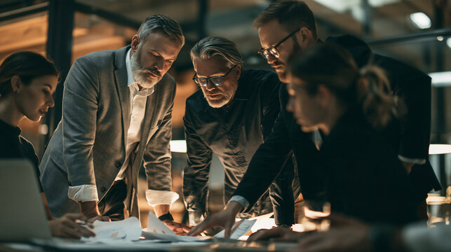 Business team working on project in dark office