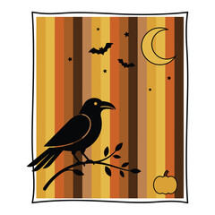 Obraz premium Spooky Halloween Raven Silhouette with Golden Crescent Moon and Autumn Stripes
