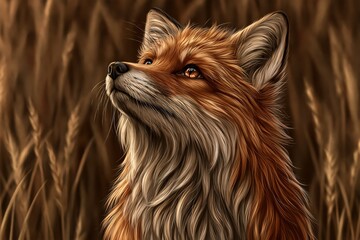 Obraz premium Red fox portrait looking up in wheat field with warm golden sunlight