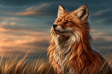 Obraz premium Red fox in grass looking up at dramatic sunset sky wild animal portrait