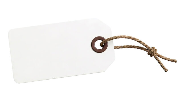 Blank beige cardboard tag with jute string attached, isolated on transparent background