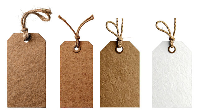 Assorted kraft paper gift tags, blank brown and white hanging labels with strings, rustic product tags for packaging, retail branding, crafts and handmade products