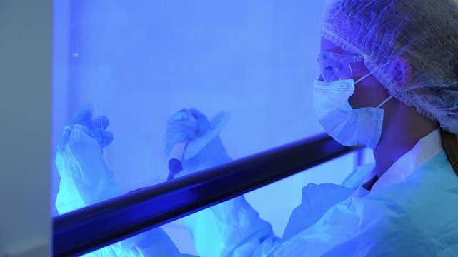 Side profile of a masked blonde scientist with ponytail pipetting a sample into a test tube behind the glass sash of a blue-lit biosafety cabinet in a biotech laboratory
