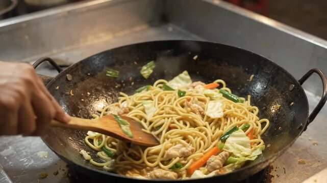 Chef preparing delicious stir-fried noodles with chicken and vegetables in a wok