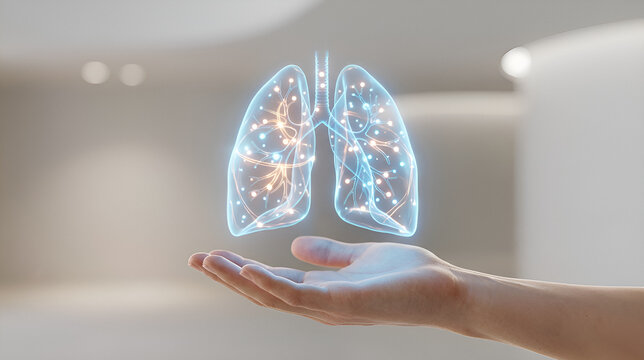 Hand holding glowing lungs with branching airways and blood vessels