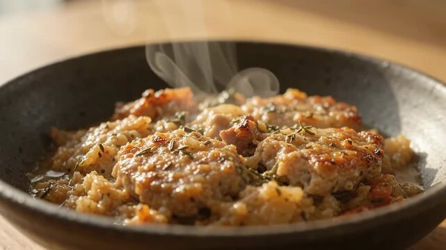 Steaming hot meat patties served with rice in a rustic ceramic bowl, delicious home-cooked meal