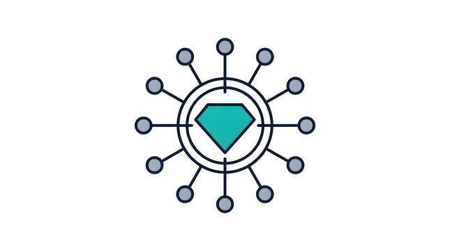 Diamond network icon with central gem and connected nodes, vector technology emblem