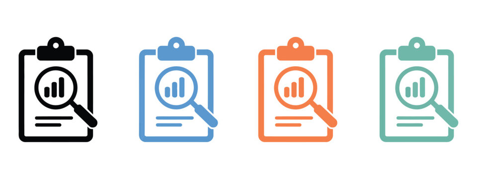 analyze company growth report with magnifying glass icon set, talent management and skill gap analysis glyph icons representing performance tracking, business intelligence, workforce evaluation, 
