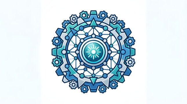 Gear cog emblem with circuit network and glowing core, technology engineering vector logo