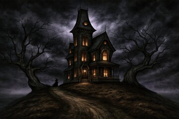 Fototapeta premium Haunted spooky mansion gothic house with creepy trees in dark night