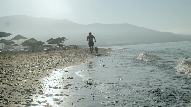 A video of an eight year old female one eyed pitbull running together with her athletic forty year old male owner along a sandy beach in warm morning sunlight.