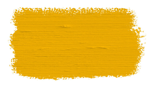 A horizontal rectangular block of bright yellow paint applied with a flat brush onto a white wooden surface with visible horizontal grain texture