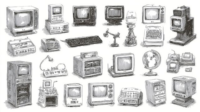 A set of doodle computer icons for technology