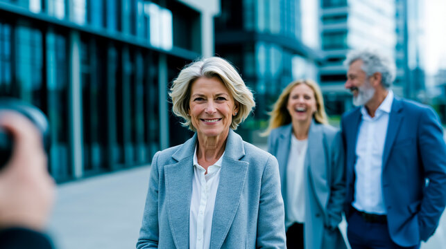 A group of four people two men and two women are walking together on a city street with one woman smiling and looking at the camera