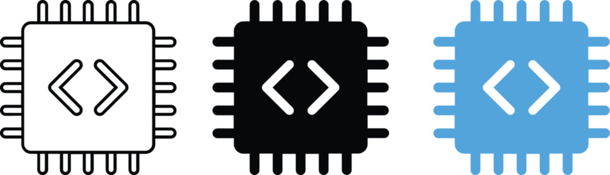 Computer processor cpu chip coding programming vector line art icons illustration set flat design