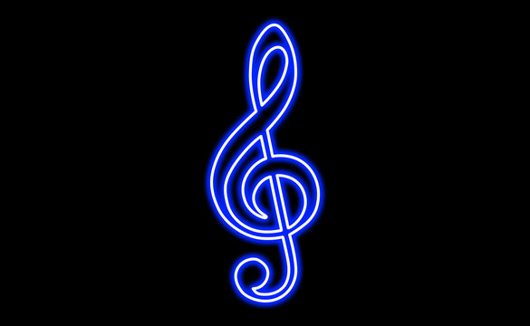 Blue neon treble clef symbol on a black background