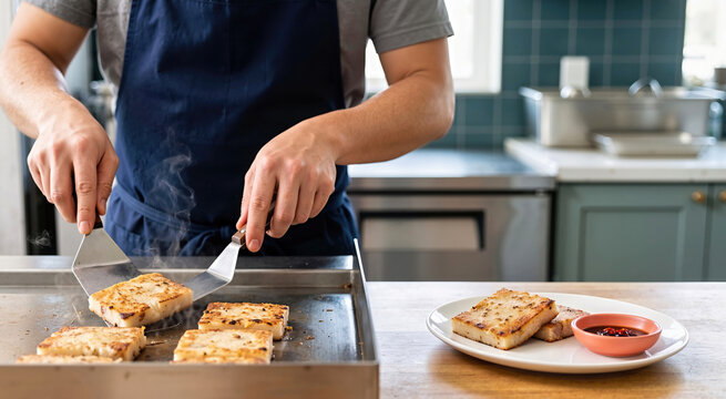 Cook turning golden pan fried turnip cakes with two metal spatulas on a hot griddle beside a plated serving and chili sauce, preparing a crisp Lunar New Year dish in a commercial kitchen at work