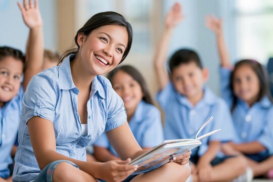 Smiling teacher reading book to happy children in classroom learning