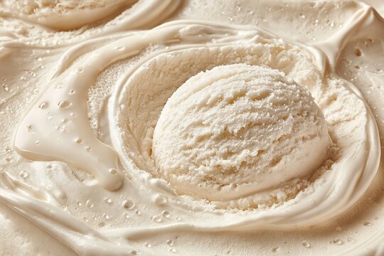 Vanilla ice cream scoop with creamy texture and delicious sweet syrup
