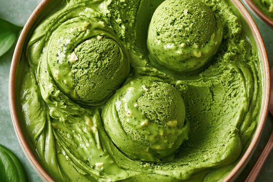 Matcha green tea ice cream scoops in ceramic bowl delicious dessert