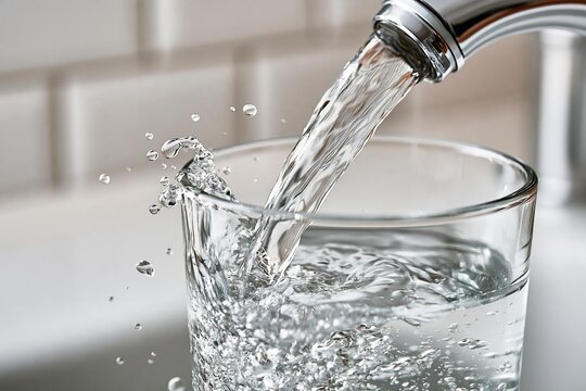 Water pouring into glass from faucet with splash and dynamic drops