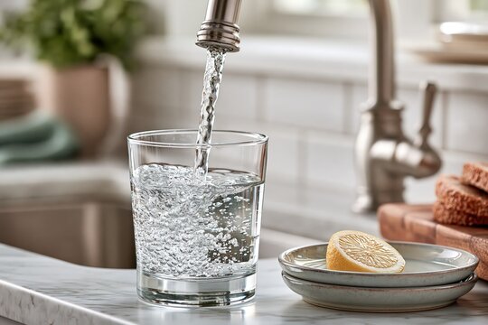 Fresh drinking water pouring into glass in kitchen healthy lifestyle