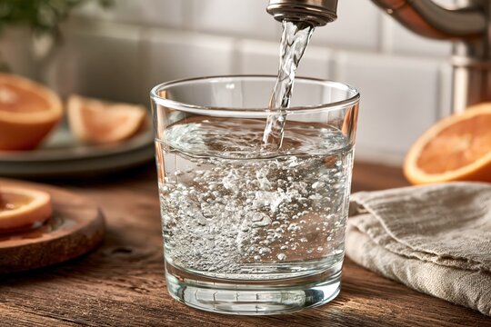 Glass of fresh water pouring from kitchen faucet with sliced orange