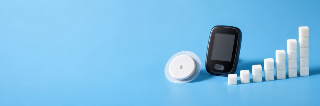 continuous glucose monitor sensor and meter with sugar cubes chart on blue background. diabetes management concept. healthcare banner, website header with copyspace.