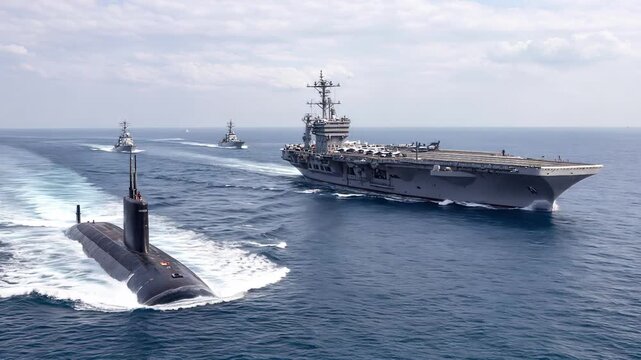 Aircraft carrier and submarine leading naval fleet through open ocean. Panning and tilting camera movement.