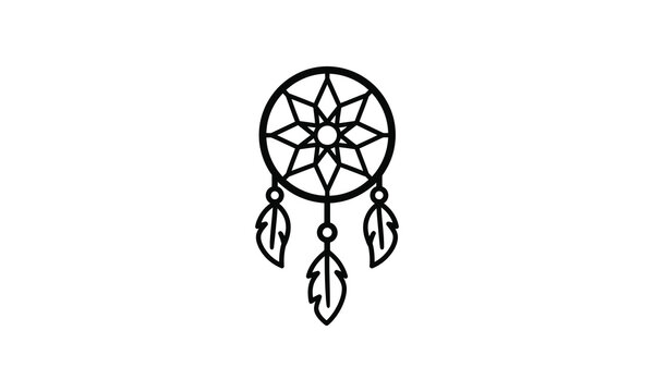 Minimalist black and white vector line art icon of a traditional native american dreamcatcher with feathers