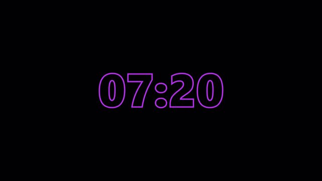 8 Minute Neon Countdown Timer 4K Loop | Eight Minute Digital Clock Overlay on Transparent Alpha Channel Background