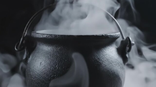 Black cast iron cauldron with thick white steam rising against dark background, close up