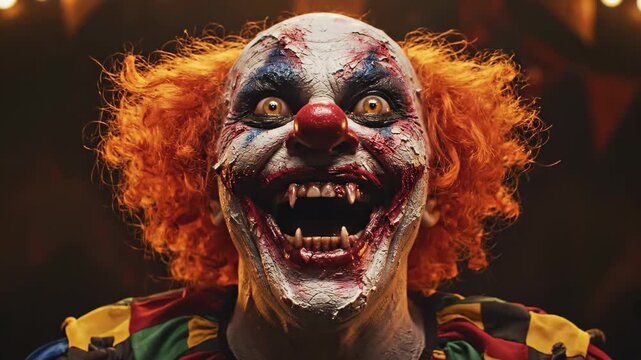 Creepy clown with orange hair and red nose screaming in close up shot