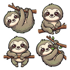 Obraz premium Cute Sloth Collection: A delightful set of four cartoon sloths, each depicted in a charming pose hanging from tree branches, showcasing their unique personalities with wide eyes and gentle smiles.
