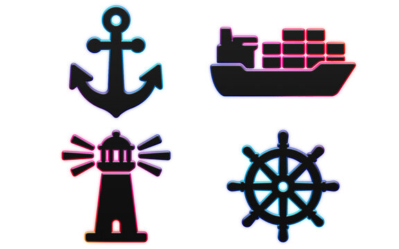 3D marine nautical navigation and sea freight shipping icon set featuring anchor cargo vessel lighthouse and ship steering helm