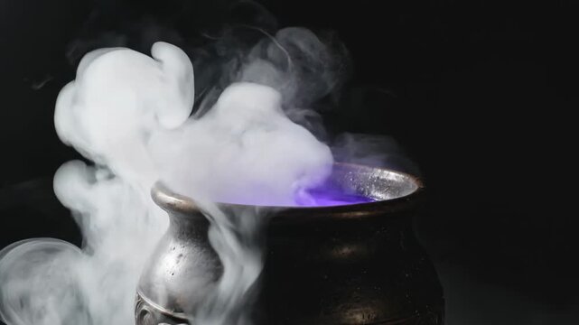Black iron cauldron with purple liquid and thick white smoke against black background, close up