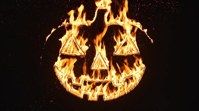 Flaming jack-o-lantern on black background with orange fire flames, lock down shot